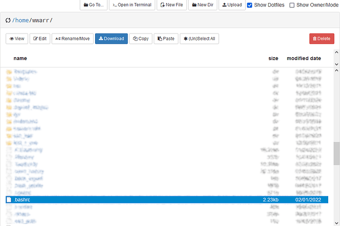 Home files list with Show Dotfiles check and .bashrc highlighted.